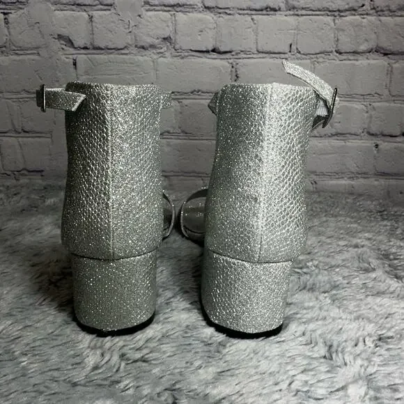 London Fog Nikki Silver Glitter Ankle Strap Block Heels 6.5M Bling Pumps Wedding - Picture 6 of 9